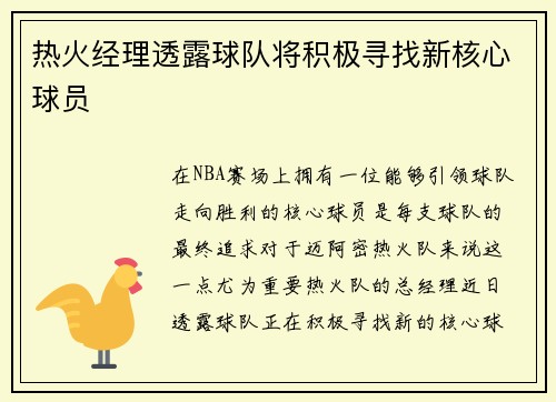 热火经理透露球队将积极寻找新核心球员